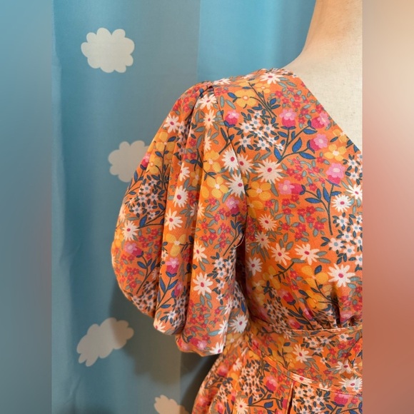 Fate bubble puff sleeve boho floral dress, underbust tie bow- S - Picture 7 of 10